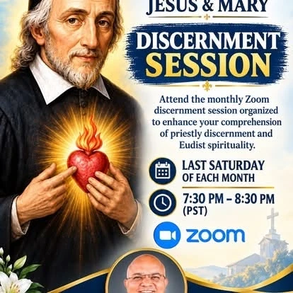 Announcement for a monthly Jesus and Mary discernment session on Zoom